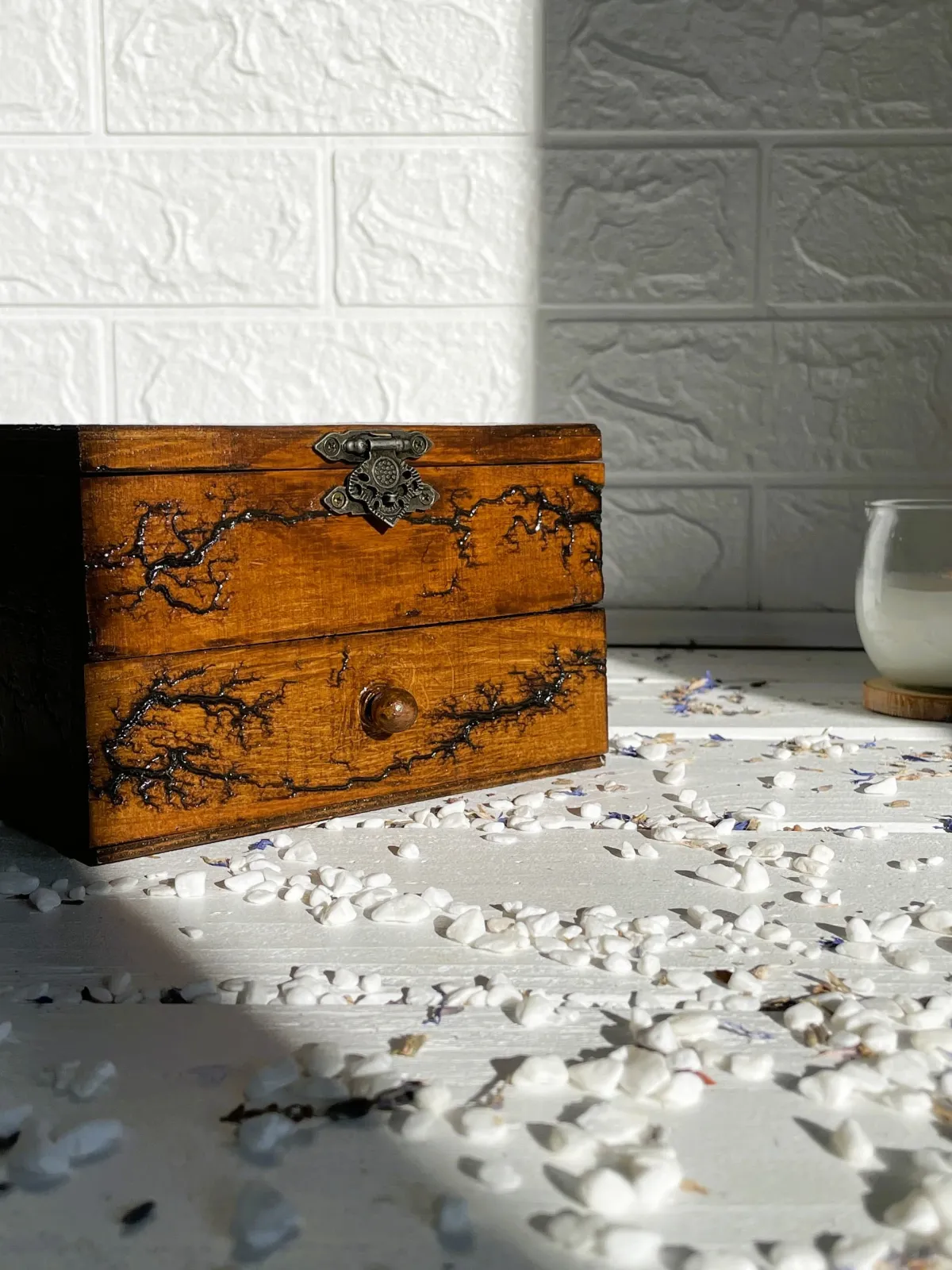 Deep Lichtenberg wooden box for rings and earrings with red oak finish