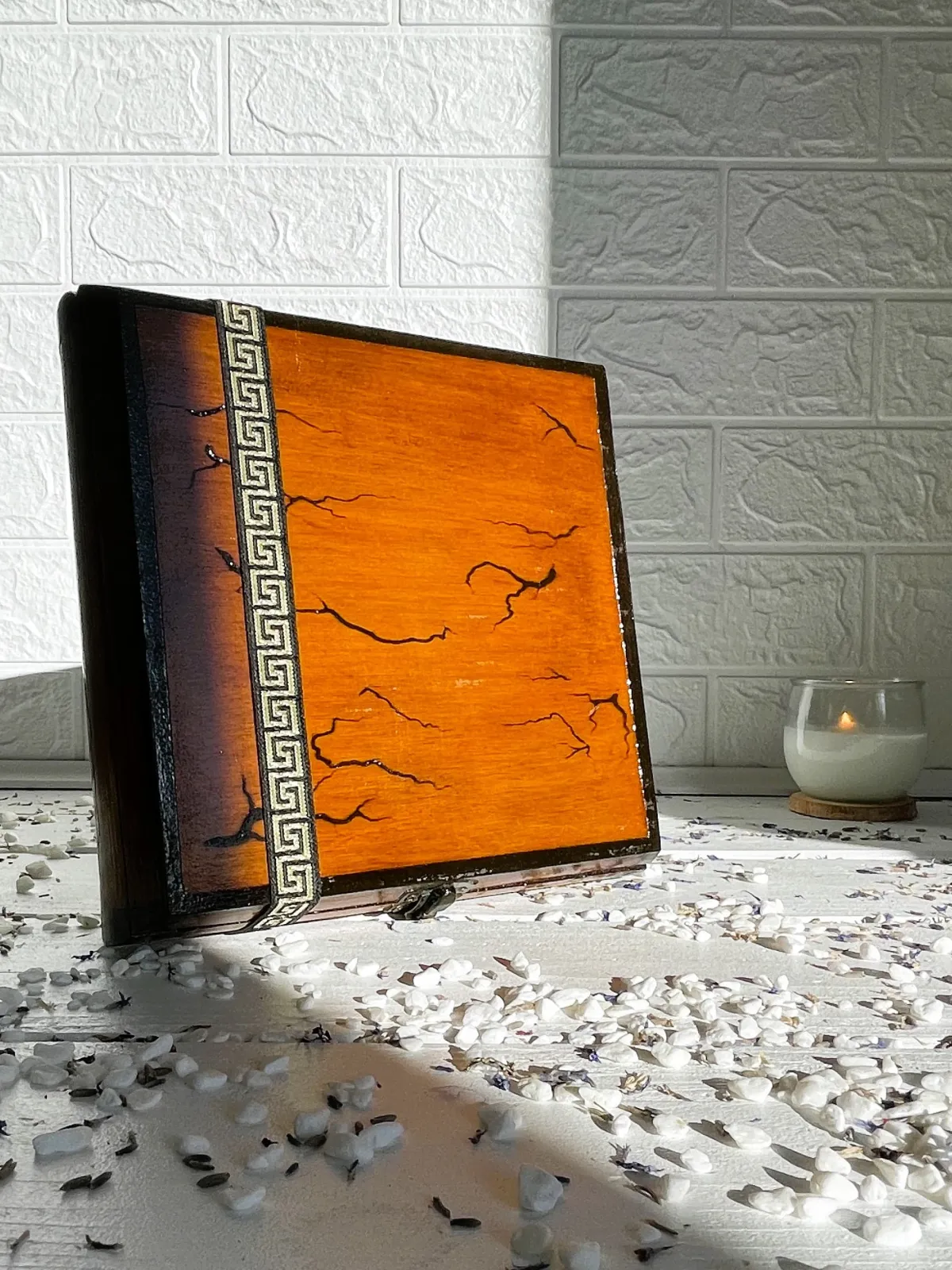 Square Lichtenberg wooden jewelry box with red oak and wenge finish