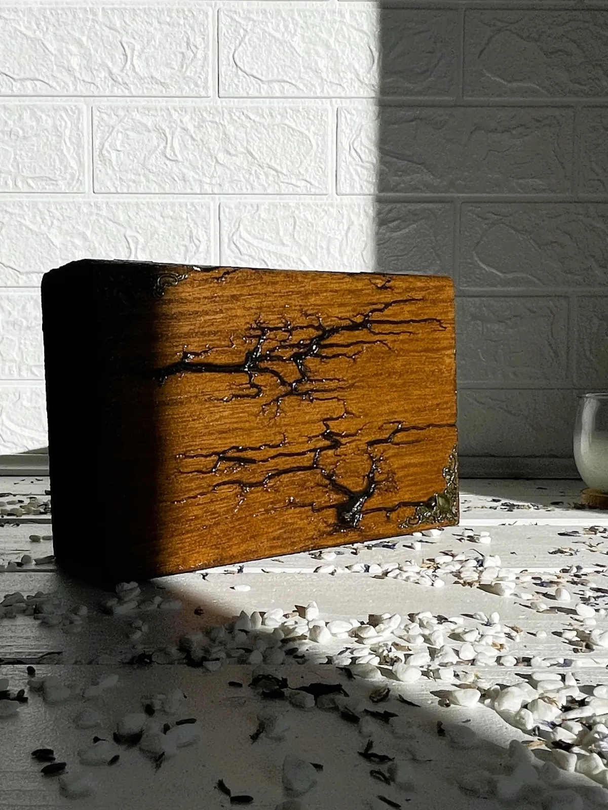 Rectangular Lichtenberg wooden memory box with hazelnut finish