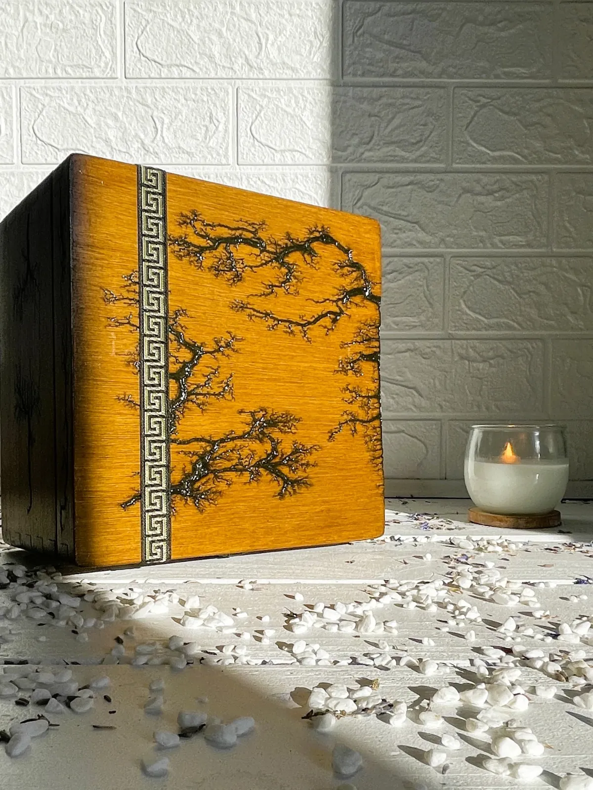 Cube Lichtenberg wooden memory box with walnut finish
