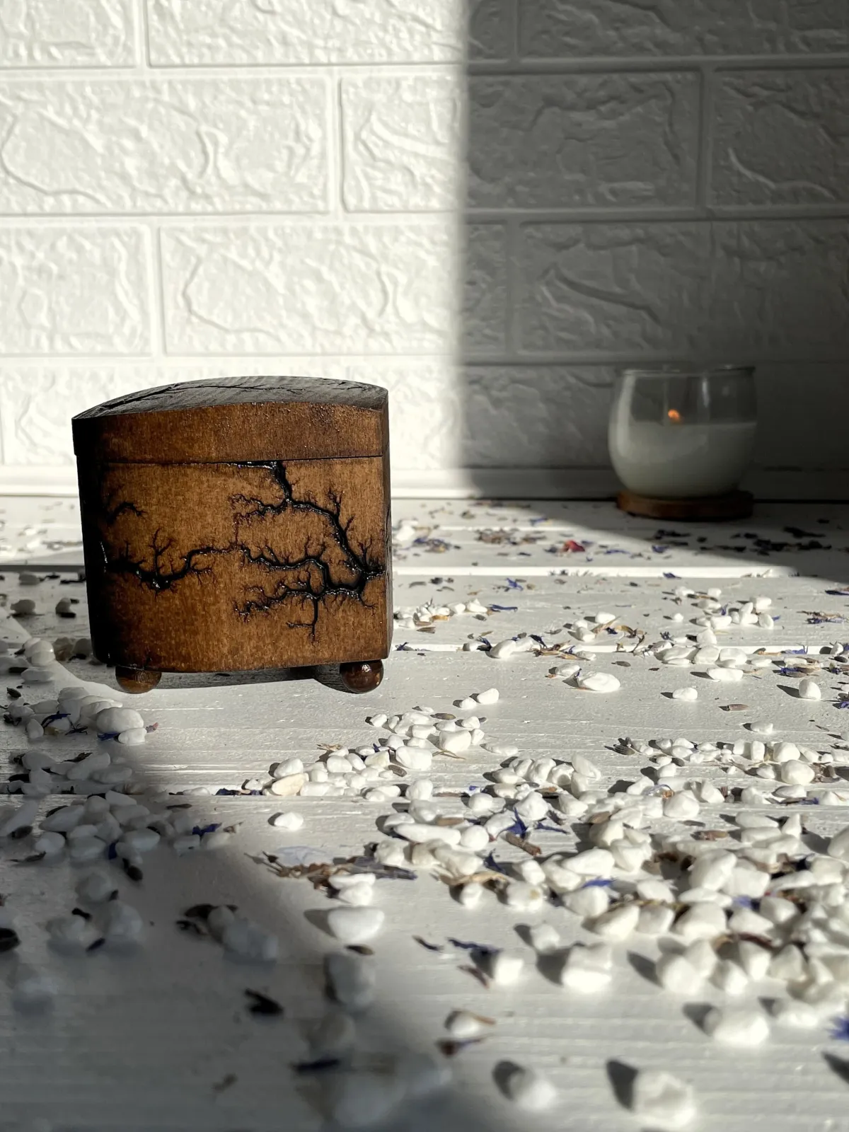 Heart-shaped Lichtenberg wooden jewelry box with hazelnut finish