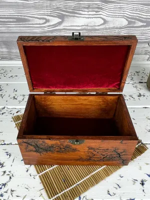 Deep rectangular Lichtenberg wooden memory box with chestnut finish