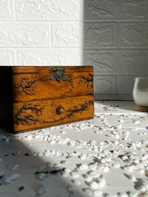 Deep Lichtenberg wooden box for rings and earrings with red oak finish
