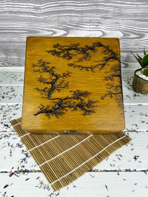 Cube Lichtenberg wooden memory box with walnut finish