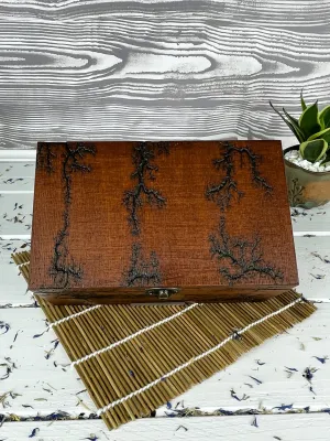 Deep rectangular Lichtenberg wooden memory box with chestnut finish