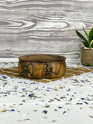 Round Lichtenberg wooden jewelry box with hazelnut finish