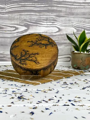 Round Lichtenberg wooden jewelry box with hazelnut finish