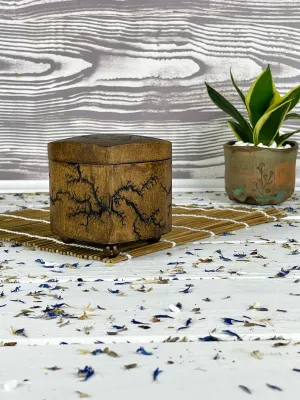 Heart-shaped Lichtenberg wooden jewelry box with hazelnut finish