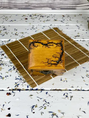Cube Lichtenberg wooden jewelry box with oak finish
