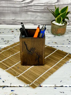 Square Lichtenberg wooden pen holder with wenge & hazelnut finish