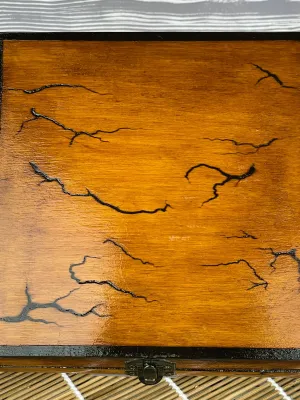Square Lichtenberg wooden jewelry box with red oak and wenge finish
