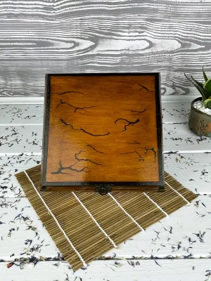 Square Lichtenberg wooden jewelry box with red oak and wenge finish