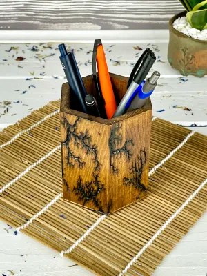 Hexagonal Lichtenberg wooden pen holder with hazelnut finish