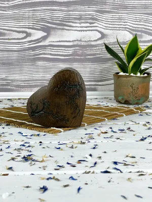Heart-shaped Lichtenberg wooden jewelry box with hazelnut finish