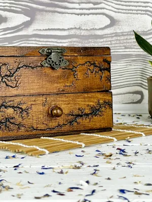 Deep Lichtenberg wooden box for rings and earrings with red oak finish