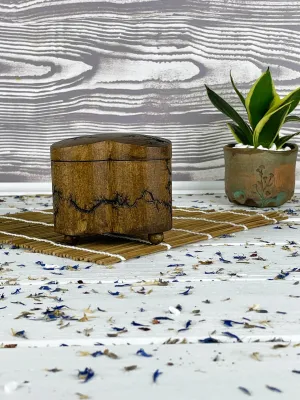 Heart-shaped Lichtenberg wooden jewelry box with hazelnut finish