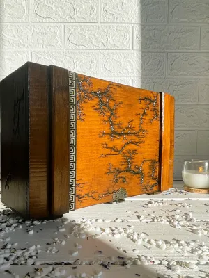 Large Lichtenberg wooden memory box with red oak finish
