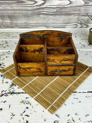 Compartmented Lichtenberg wooden desk organizer with hazelnut finish