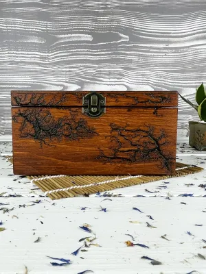 Deep rectangular Lichtenberg wooden memory box with chestnut finish