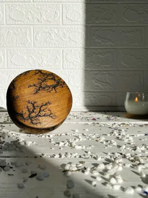 Round Lichtenberg wooden jewelry box with hazelnut finish
