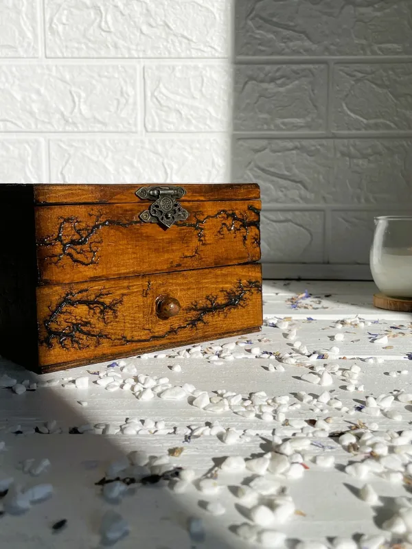 Product Deep Lichtenberg wooden box for rings and earrings with red oak finish Image